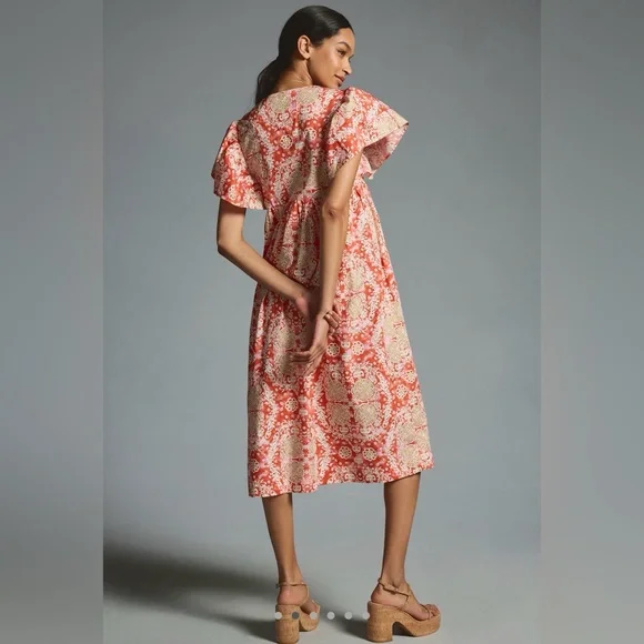 Anthropologie Maeve Printed Flutter Sleeve Babydoll Dress in Pink Pattern Size S - Picture 2 of 9